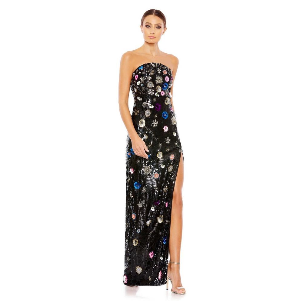 MAC DUGGAL FLORAL SEQUINED STRAPLESS COLUMN GOWN